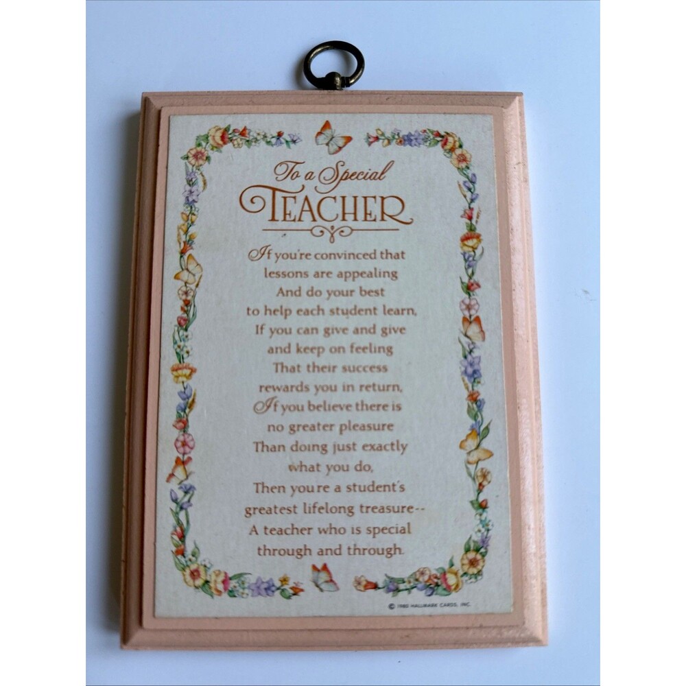 Vintage 1980 Hallmark Plaque To A Special Teacher Pink Salmon Floral Gift